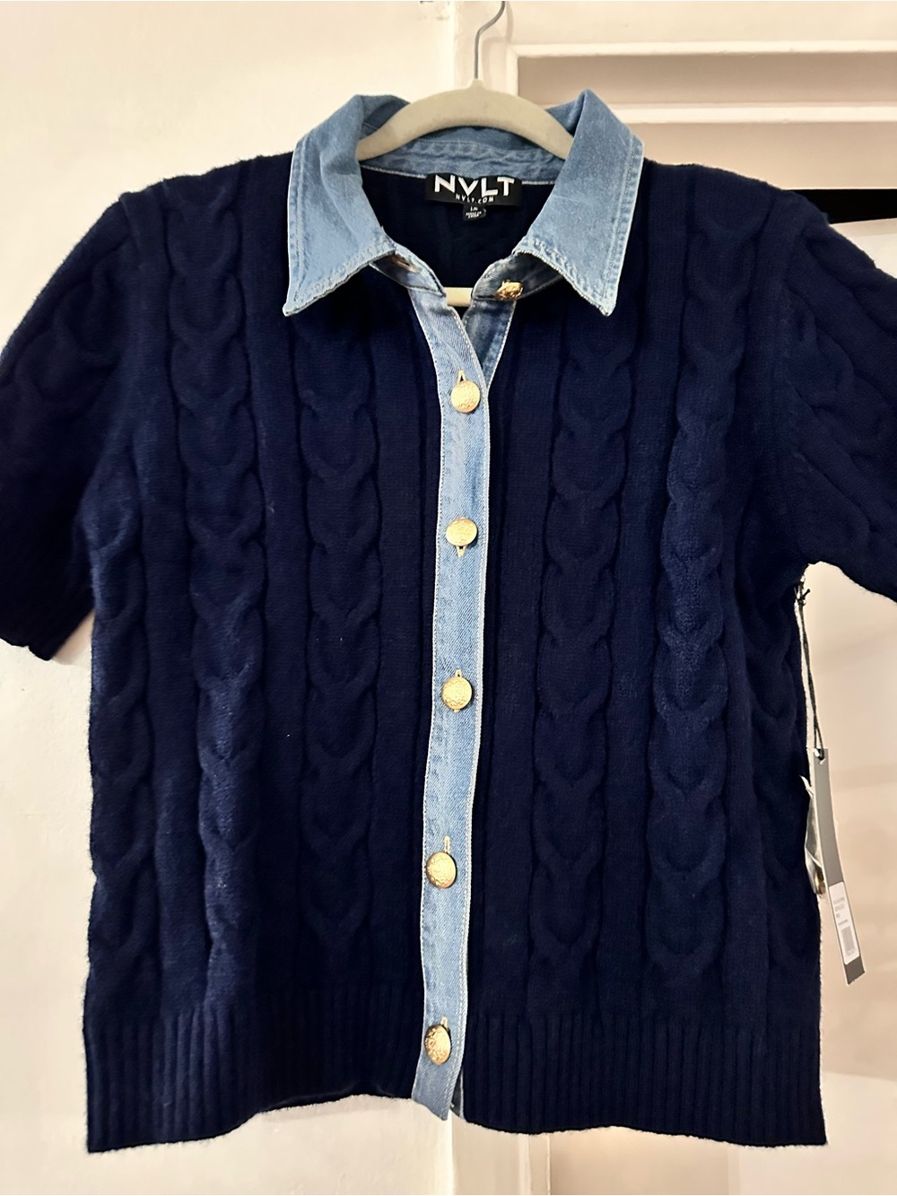 NVLT Navy Cable-Knit Short Sleeve Cardigan with Denim Trim